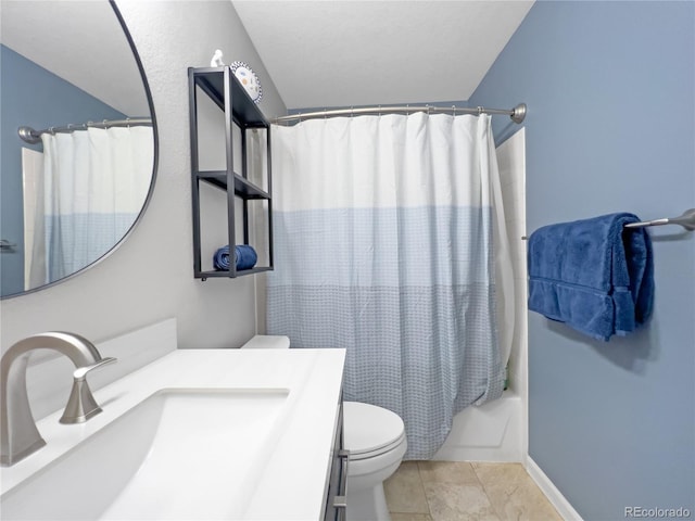 full bathroom with shower / tub combo, vanity, tile patterned floors, and toilet