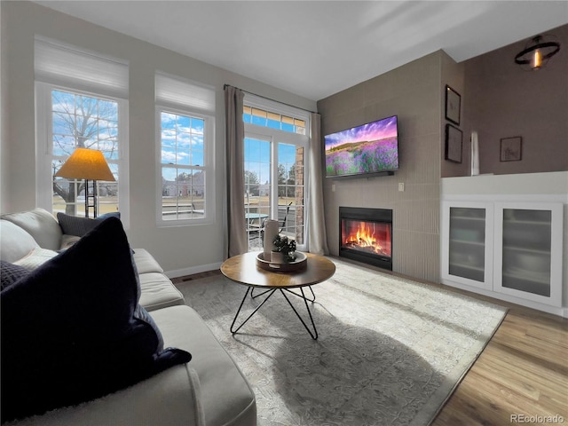 living area with a large fireplace, baseboards, wood finished floors, and a healthy amount of sunlight