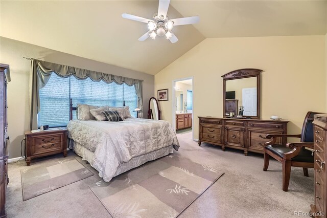 9001 W Chatfield Dr, Littleton, CO 80128 - bedroom with light colored carpet, lofted ceiling, connected bathroom, and a ceiling fan
