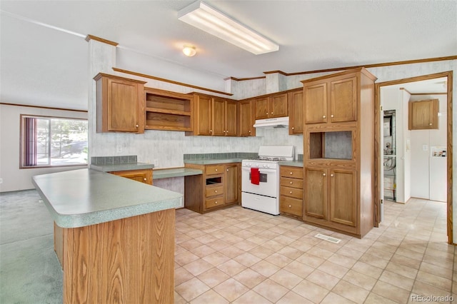 kitchen featuring crown molding, kitchen peninsula, and white gas stove