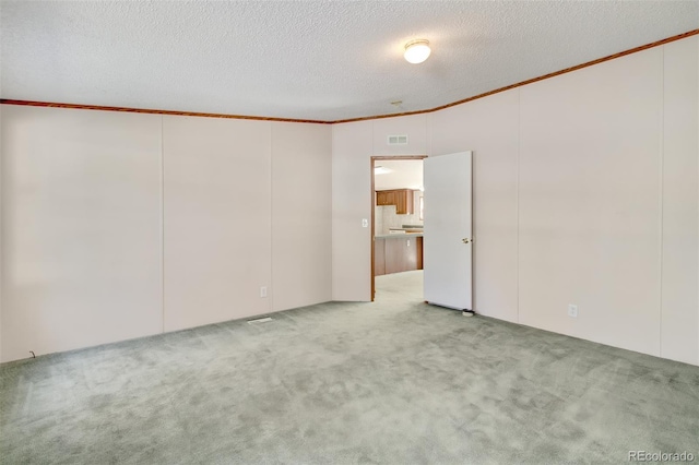 carpeted spare room with crown molding and a textured ceiling