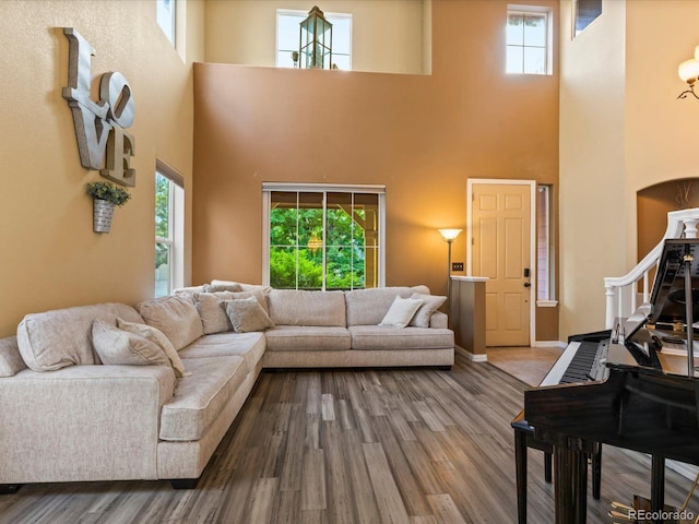 10216 Kleinbrook Way, Highlands Ranch, CO 80126 - living room featuring a towering ceiling and wood finished floors
