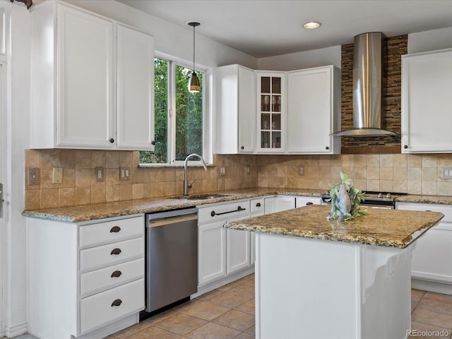 10216 Kleinbrook Way, Highlands Ranch, CO 80126 - kitchen featuring appliances with stainless steel finishes, wall chimney exhaust hood, white cabinetry, light tile patterned floors, and glass insert cabinets