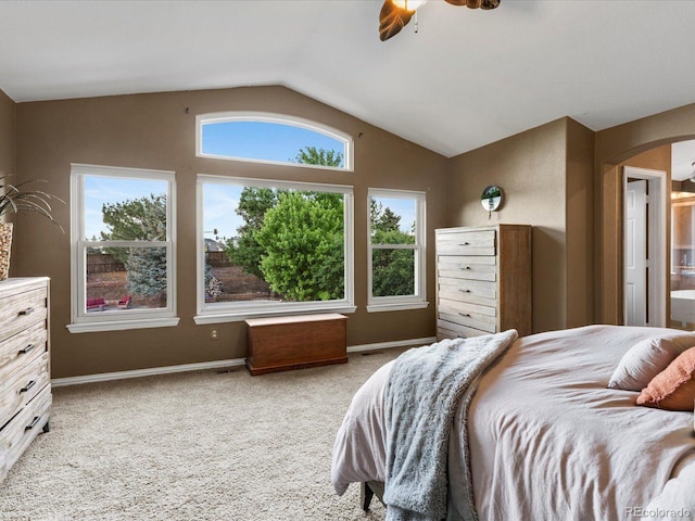 10216 Kleinbrook Way, Highlands Ranch, CO 80126 - bedroom featuring lofted ceiling, multiple windows, arched walkways, carpet, and a ceiling fan