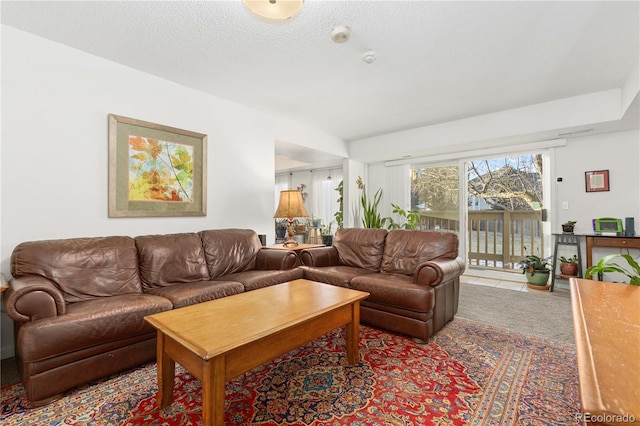 living room with tile patterned floors