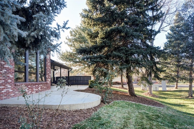 view of yard with fence and a patio area