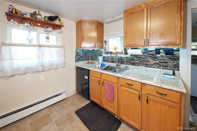 1075 S Ames St, Lakewood, CO 80226 - kitchen featuring baseboard heating, dishwasher, backsplash, light stone counters, and open shelves