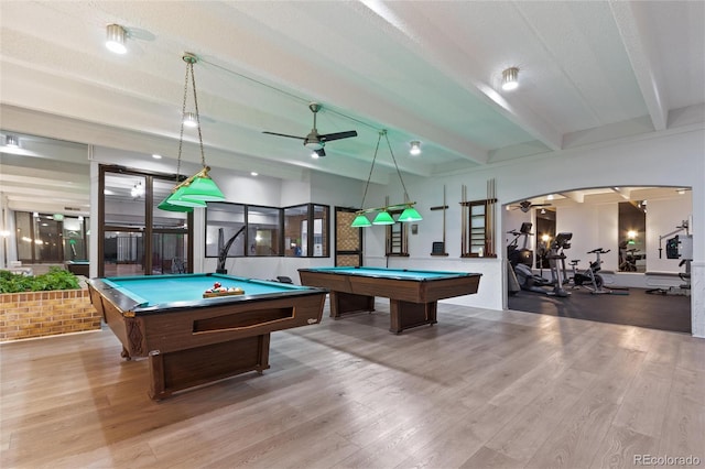 recreation room with ceiling fan, beamed ceiling, light hardwood / wood-style floors, and pool table