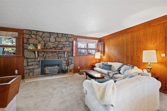 living area featuring carpet floors, plenty of natural light, and wooden walls