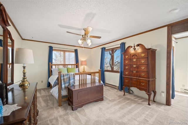 bedroom with light carpet, a textured ceiling, and a baseboard radiator