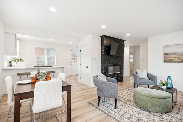 living room with light wood-type flooring and a premium fireplace