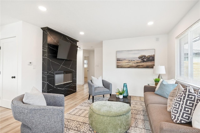 living room featuring a fireplace and hardwood / wood-style floors