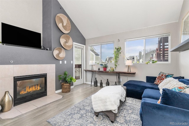 living area featuring baseboards, lofted ceiling, wood finished floors, and a fireplace