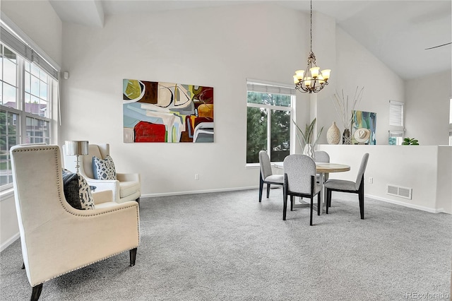 10115 Foxridge Ct, Highlands Ranch, CO 80126 - dining space featuring a chandelier, high vaulted ceiling, and carpet floors