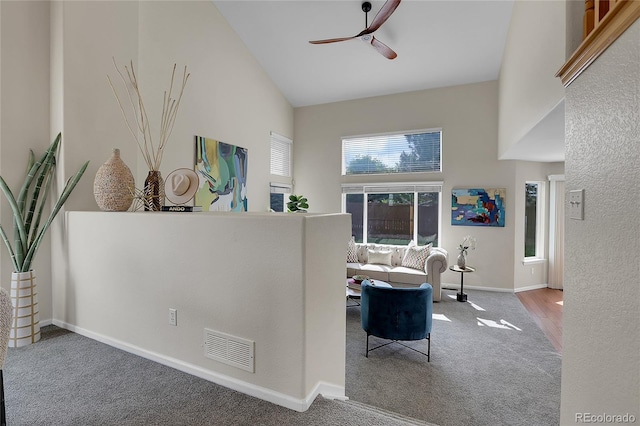 10115 Foxridge Ct, Highlands Ranch, CO 80126 - living area featuring carpet floors, a ceiling fan, and high vaulted ceiling