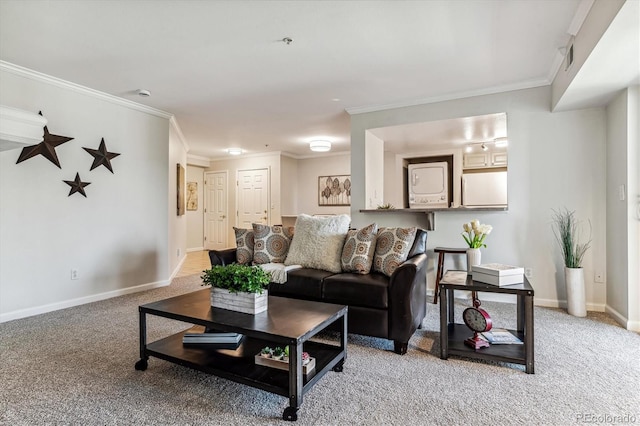 carpeted living room with ornamental molding