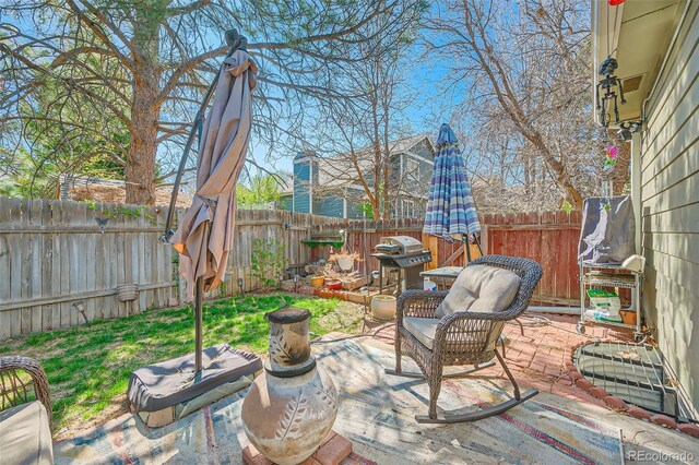 view of patio featuring a fenced backyard and grilling area