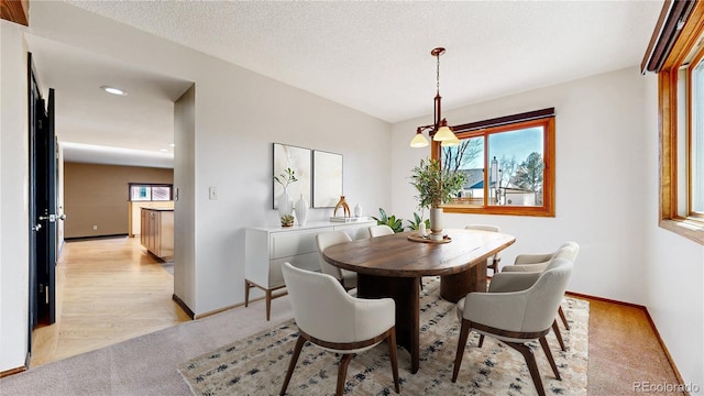 dining space with plenty of natural light, baseboards, a textured ceiling, and light colored carpet