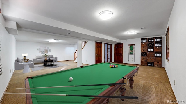 rec room with carpet, billiards, and visible vents