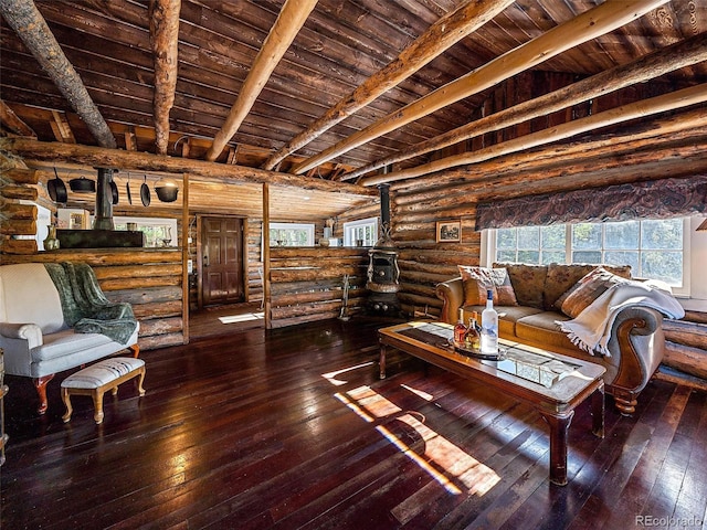 living room featuring rustic walls, beamed ceiling, wood ceiling, and hardwood / wood-style flooring