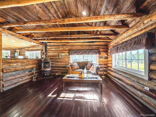 living room with rustic walls, beam ceiling, wood-type flooring, and wooden ceiling