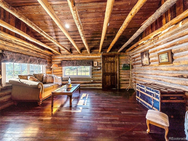 living room with hardwood / wood-style floors, log walls, beam ceiling, and wooden ceiling