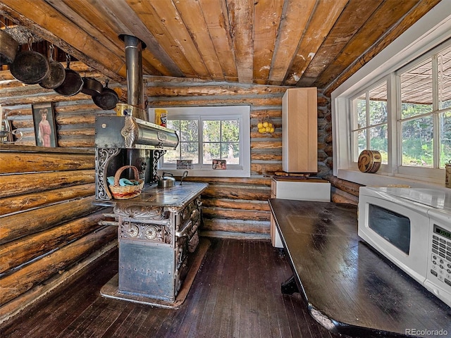 kitchen with log walls, dark hardwood / wood-style flooring, a wood stove, and wood ceiling