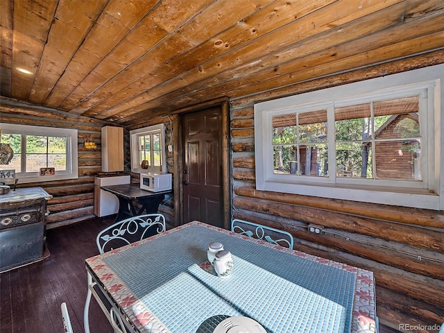 dining room with log walls, plenty of natural light, lofted ceiling, and wooden ceiling