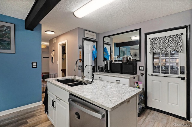 kitchen featuring a sink, dishwasher, white cabinets, and light wood finished floors