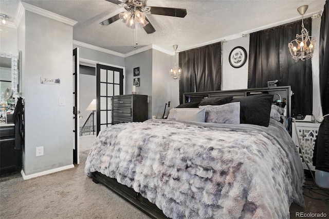 carpeted bedroom featuring ornamental molding, ceiling fan with notable chandelier, baseboards, and a textured ceiling