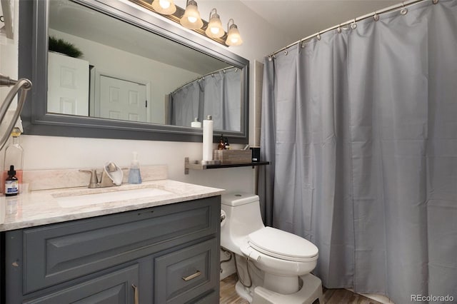 bathroom featuring toilet, vanity, a shower with curtain, and wood finished floors