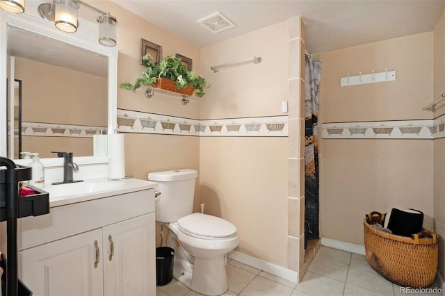 bathroom with tile patterned flooring, visible vents, toilet, a shower with shower curtain, and vanity