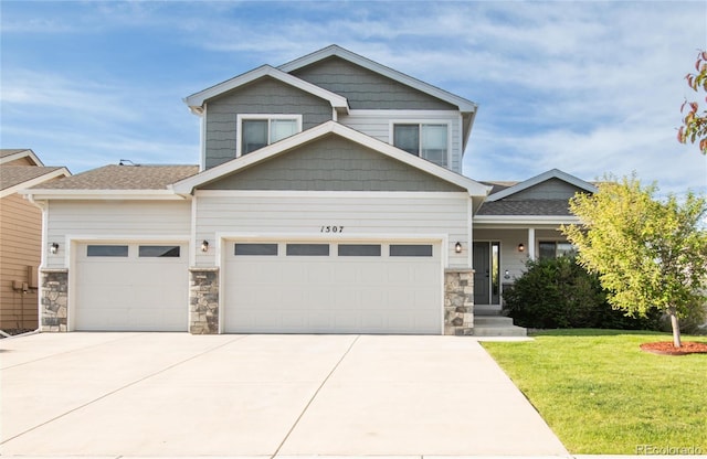 craftsman house with a garage, a front lawn, stone siding, concrete driveway, and a shingled roof