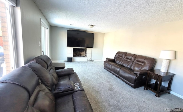 living area featuring carpet floors, a wealth of natural light, a fireplace, and a textured ceiling