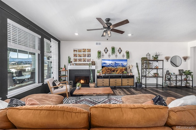 living room featuring wood-type flooring and ceiling fan