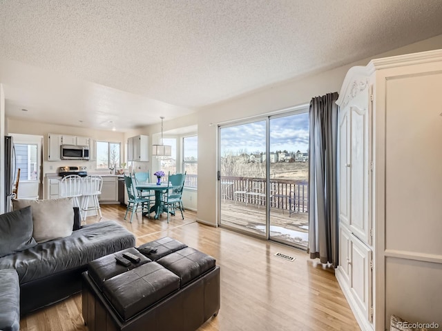 living room with sink, light hardwood / wood-style floors, and a textured ceiling