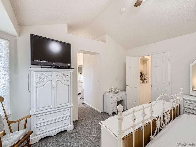 bedroom with lofted ceiling and dark carpet