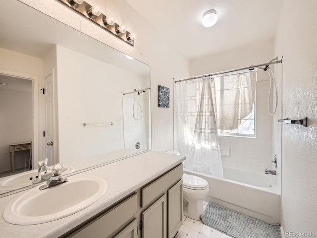 full bathroom with vanity, toilet, and shower / bathtub combination with curtain