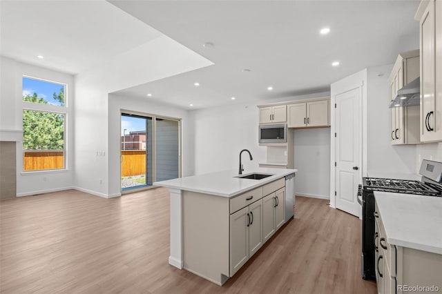 11341 W Alder Dr, Littleton, CO 80127 - kitchen featuring appliances with stainless steel finishes, exhaust hood, light wood-type flooring, recessed lighting, and light countertops