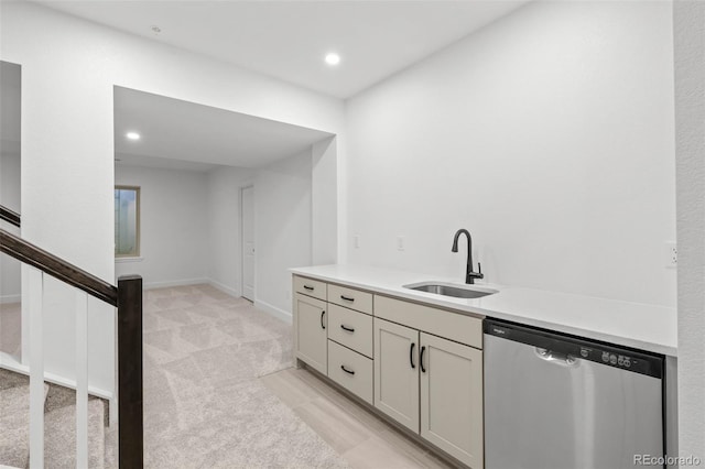 11341 W Alder Dr, Littleton, CO 80127 - bar featuring dishwasher, light carpet, recessed lighting, and stairs
