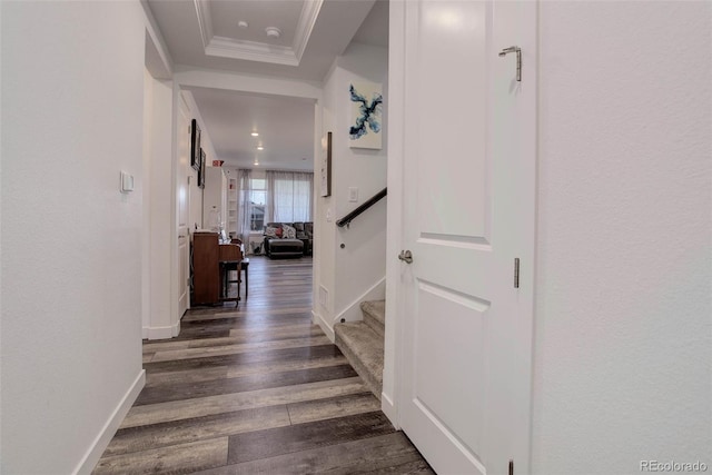 22593 E Piccolo Way, Aurora, CO 80016 - hall with dark wood-style flooring, baseboards, stairway, and recessed lighting