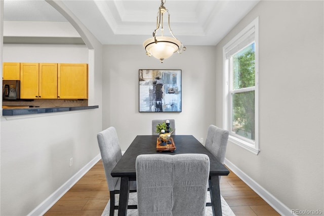 45 N Ogden St Unit 201, Denver, CO 80218 - dining space with wood-type flooring, a tray ceiling, and arched walkways