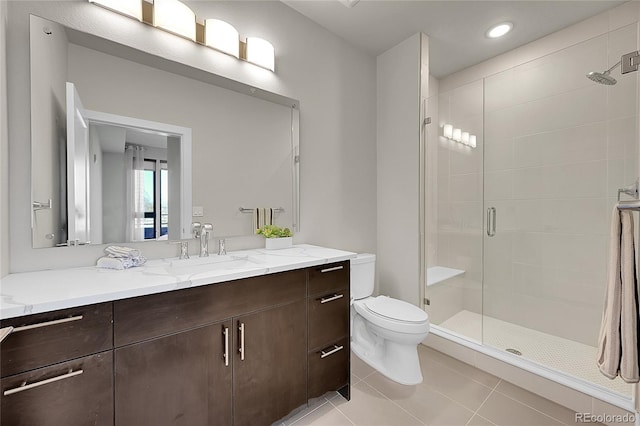 full bath featuring a shower stall, vanity, tile patterned floors, toilet, and recessed lighting
