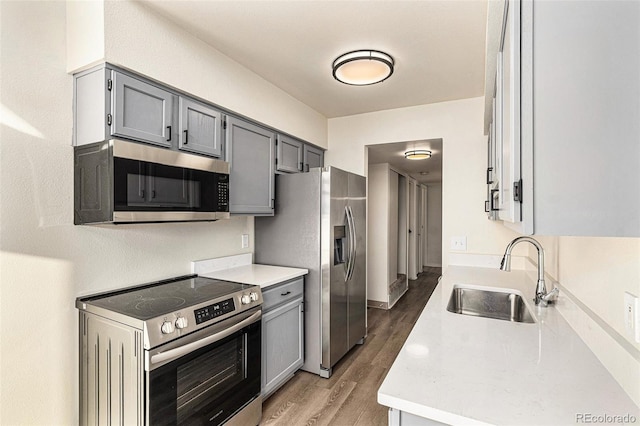 kitchen with gray cabinets, appliances with stainless steel finishes, sink, and hardwood / wood-style floors