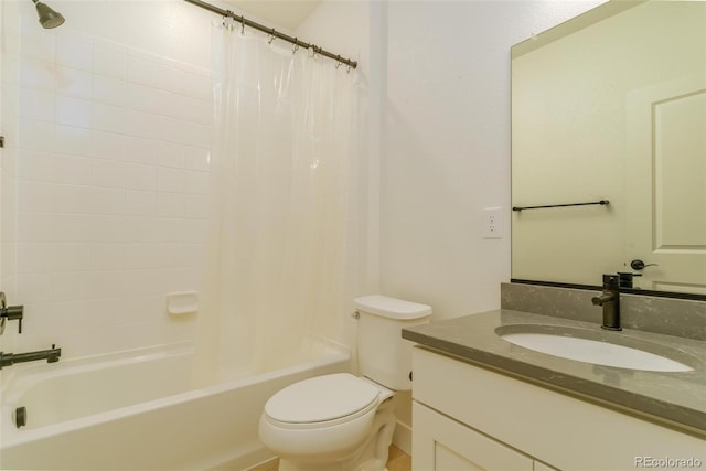 full bath with toilet, shower / bathtub combination with curtain, and vanity