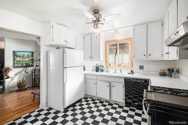 7887 Quivas Way, Denver, CO 80221 - kitchen featuring freestanding refrigerator, black dishwasher, tile patterned floors, ceiling fan, and white cabinets