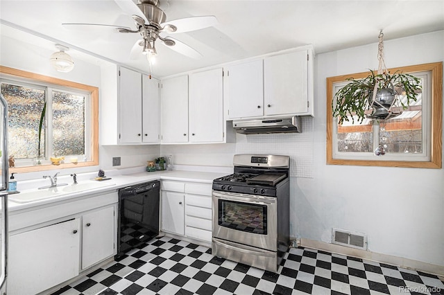 7887 Quivas Way, Denver, CO 80221 - kitchen featuring stainless steel range with gas stovetop, tile patterned floors, black dishwasher, under cabinet range hood, and light countertops