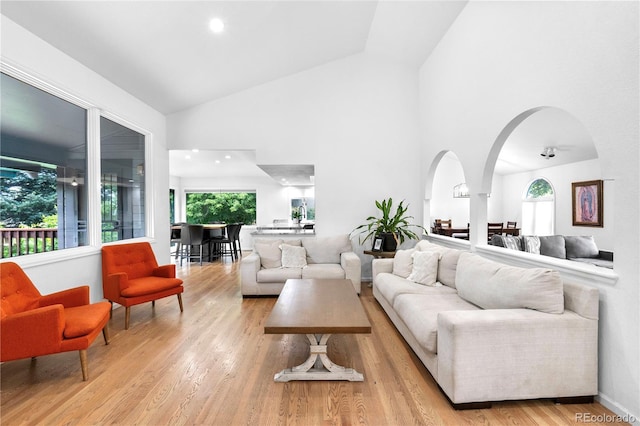 3253 S King Way, Denver, CO 80236 - living area featuring arched walkways, high vaulted ceiling, wood finished floors, and baseboards