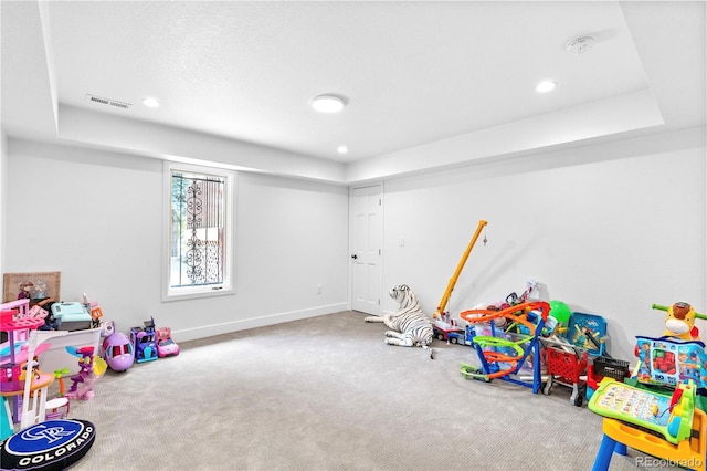 3253 S King Way, Denver, CO 80236 - playroom featuring carpet floors, a tray ceiling, recessed lighting, and baseboards