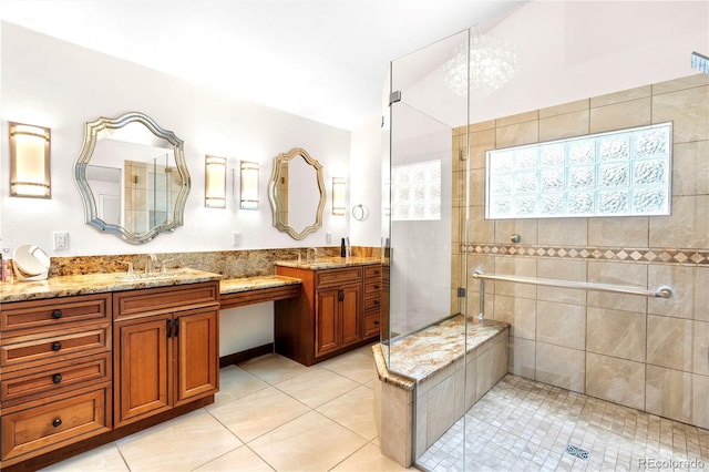 3253 S King Way, Denver, CO 80236 - full bath with vanity, a stall shower, and tile patterned flooring